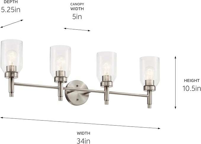 Kichler Madden 4-Light Bathroom Vanity Light, Brushed Nickel | Modern vanity light with clear glass for single or double bathroom mirrors (34" x 10.5"), 55186NI