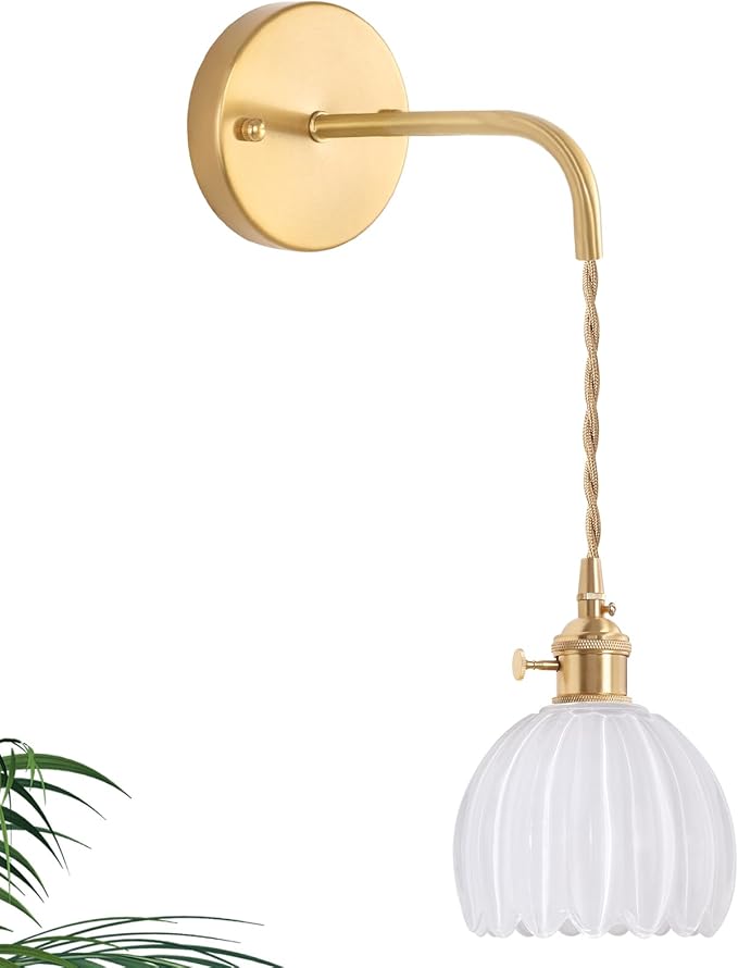 Vintage Wall Sconce with White Tulip Shade Pattern Glass Adjustable Chain Retro Gold Wall Mounted Light, Modern Wall Lamp Fixtures Decor for Bedside Bedroom Indoor Doorway