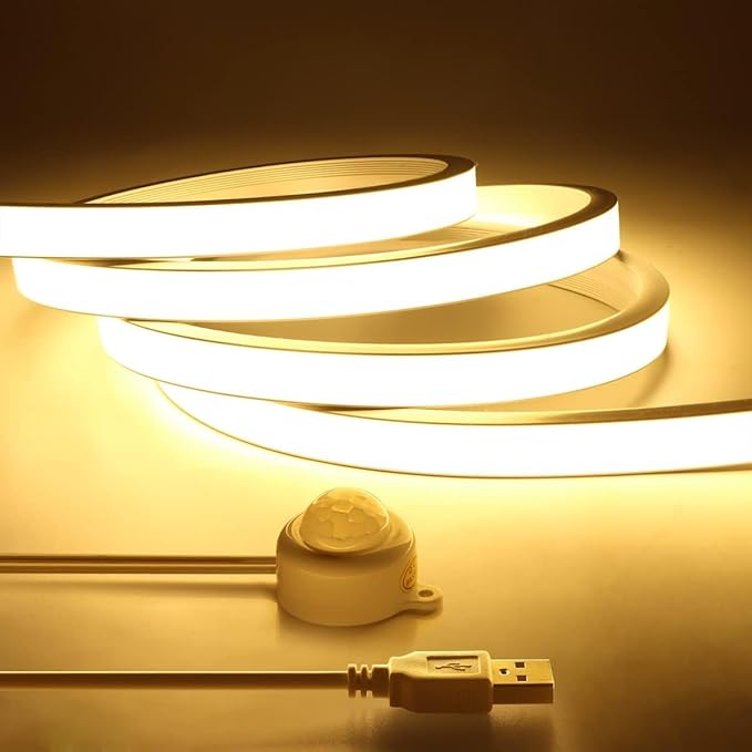 Motion Activated COB LED Strip,5 V USB Motion Sensor Neon LED Strip Lights,6.56FT/2M Waterproof 3500K LED Light Strip, DIY Flexible LED Night Light for Indoor Stairs,Corridor