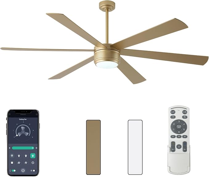 SHOWDI Ceiling Fan with Lights and Remote, 6 Blade App Control Timer Reversible Stepless Brightness and Color Temperature Outdoor Wood Ceiling Fan with Lights (Gold, 72 Inch)