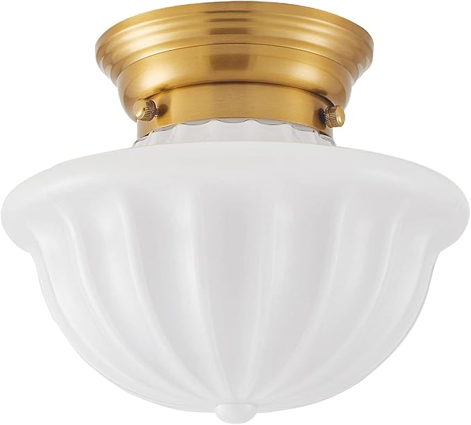 Schoolhouse Light Fixture Gold, 9" Modern Mid Century Semi Flush Mount Ceiling Light with Opal Milk Glass Shade for Bedroom, Kitchen, Dining Room, Bathroom, Hallway, Stairway, Entryway