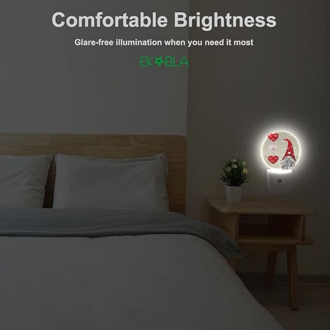 EKOBLA Valentine's Day Love Gnome Night Light Snowflakes Red Love Hearts Plug-in Nightlights Auto Sensor LED Dusk to Dawn Light for Men Women Boys Girls Gifts