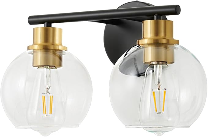2-Light Bathroom Light Fixtures Black and Gold Vanity Light 13.8 inch Bathroom Lights Over Mirror with Clear Glass Globe Shade, Vanity Lights for Bathroom Kitchen Living Room