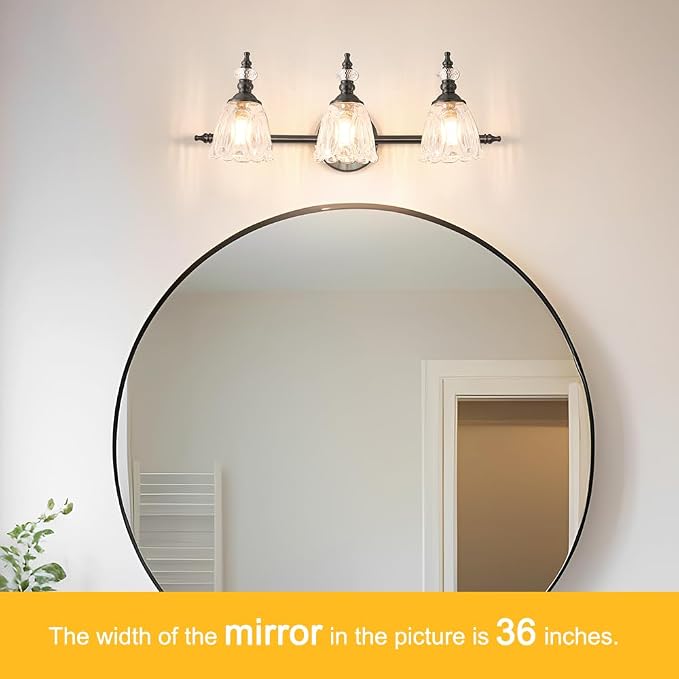 Matte Black Bathroom Vanity Light, Farmhouse Bathroom Light Fixtures Over Mirror, 3 Light Vanity Lighting Fixtures, Flower Glass Shade Wall Sconce Lighting