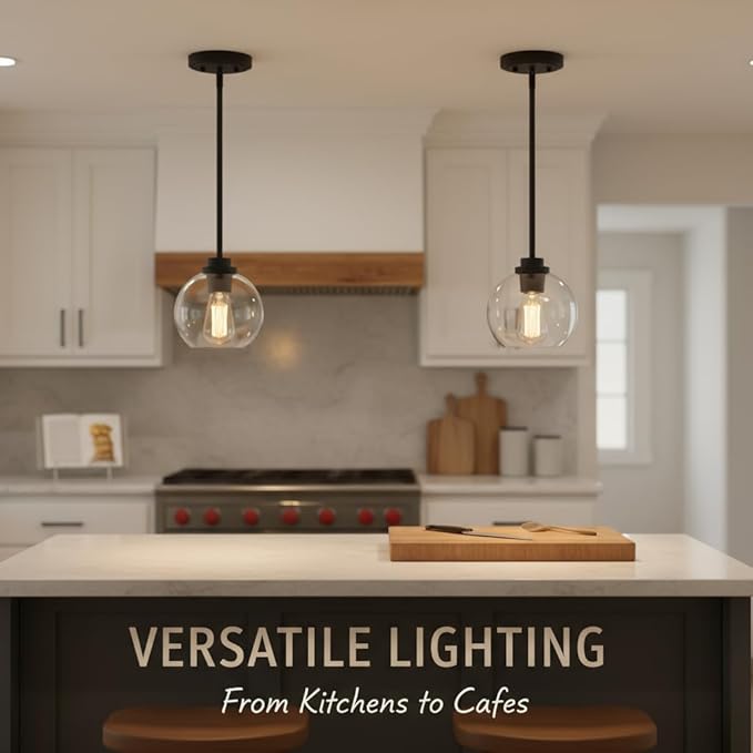 Pendant Light Fixtures,7 Inch Globe Black Pendant Lights Kitchen Island with Clear Glass, Modern Hanging Lights for Kitchen Island, Dining Room, Bedroom, Hallway, Farmhouse,1 Pack