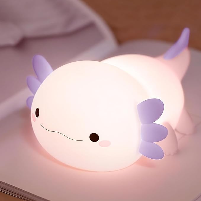 FAMIDUO Purple Axolotl Night Light for Kids,LED Squishy Bedside Touch Lamp | BPA-Free Soft Silicone,Dimmable,20Min Timer,Rechargeable Nursery Light, Girls Room Decor,Cute Gifts for Mom Baby Toddler