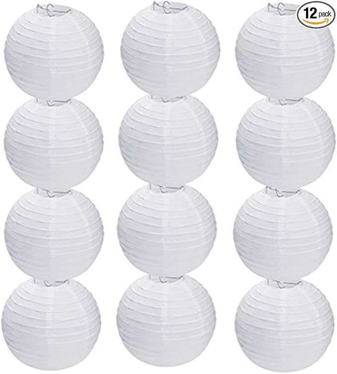12Pcs 10 Inch White Paper Lanterns Decorative Chinese, Japanese Hanging Round Paper Lanterns Lamp for Birthday, Wedding, Christmas, Bridal, Home Decor, Party Decoration