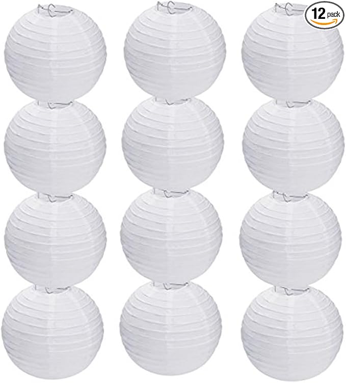 12Pcs 8 Inch White Paper Lanterns Decorative Chinese, Japanese Hanging Round Paper Lanterns Lamp for Birthday, Wedding, Christmas, Bridal, Home Decor, Party Decoration