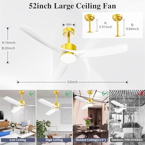 52 Inch Ceiling Fans with Lights and Remote Control - Outdoor Indoor Flush Mount Low Profile White Gold Ceiling Fans for Living Room,Bedroom,Patio