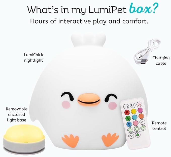 Chick Silicone Night Light for Kids, Squishy Lamp with Remote | Tap Control | Rechargeable 9-Color Changing Soft Glow | Nursery Nightlight for Kids | Portable Animal Nightlight | USB Cord