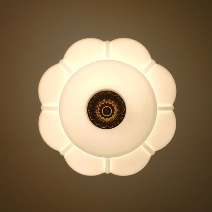 9.4" Milk Glass Semi Flush Mount Ceiling Light Fixture, Vintage Gold Ceiling Lamp for Hallway, Kitchen, Bedroom, Entryway, Antique Mid Century Lighting with Scallop Shade for Small Rooms