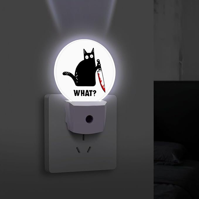 Round LED Night Light,Black Cat and Knife What LED Night Light Plug into Wall with Dusk to Dawn Light Sensor White Energy Efficient Nightlight for Bedroom Bathroom Hallway Living Room Kitchen