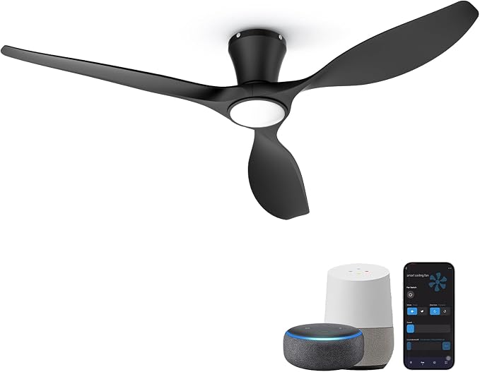 TALOYA 52 Inch Smart Ceiling Fans with Lights Led Remote Control Flush Mount Low Profile for Bedroom Farmhouse Patio Outdoor Living Room Kitchen Dining Room,DC Motor,Reversible,Black