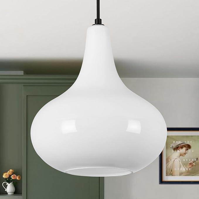 11" Milk White Glass Pendant Light, Blown Glass Hanging Ceiling Light Fixture with Black Finish, Large Vintage Modern Pendant Lamp for Kitchen Island, Sink, Hallway, Living Room