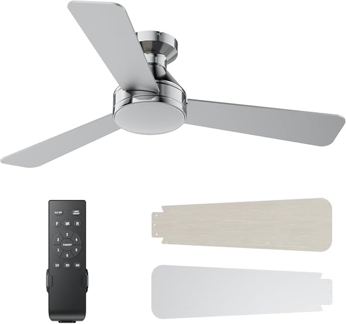 42 Inch Ceiling Fans with Lights And Remote, 3CCT/Flush Moun/6 Speed/Nickel | Flush Mount Low Profile Ceiling Fan, 6 Speed Noiseless LED Ceiling Fan, Brushed Nickel Ceiling Fan for Bedroom Living Room