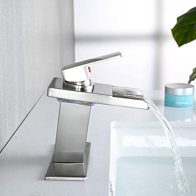 LED Bathroom Sink Faucet, Brushed Nickel Waterfall Single Hole Handle Vanity Faucets for Sinks 1 Hole with Metal Pop Up Drain and 2 Water Supply Lines, Stainless Steel Spout