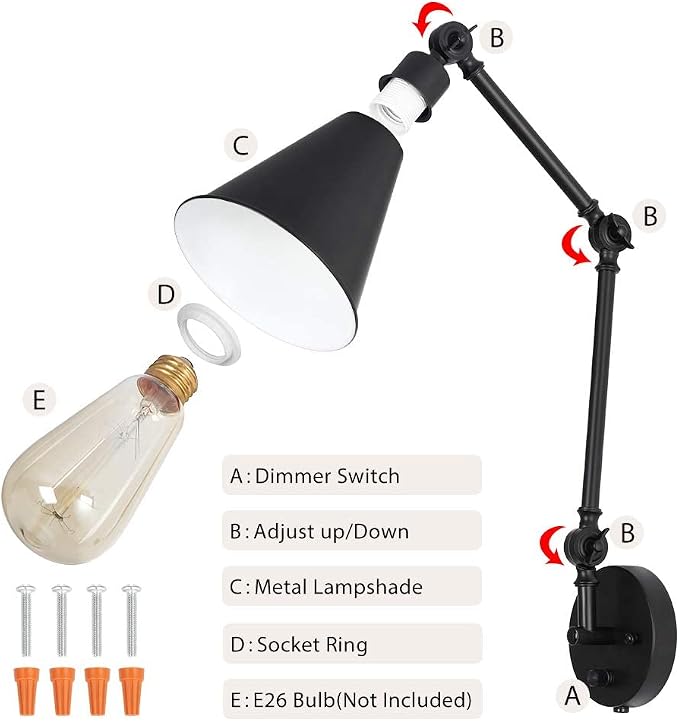 CADUKE Swing Arm Wall Lamp for Bedroom, Set of 2 Plug in Wall Light Fixture with Dimmable Switch, Industrial Metal Black Wall Reading Sconce for Living Room Farmhouse Hallway