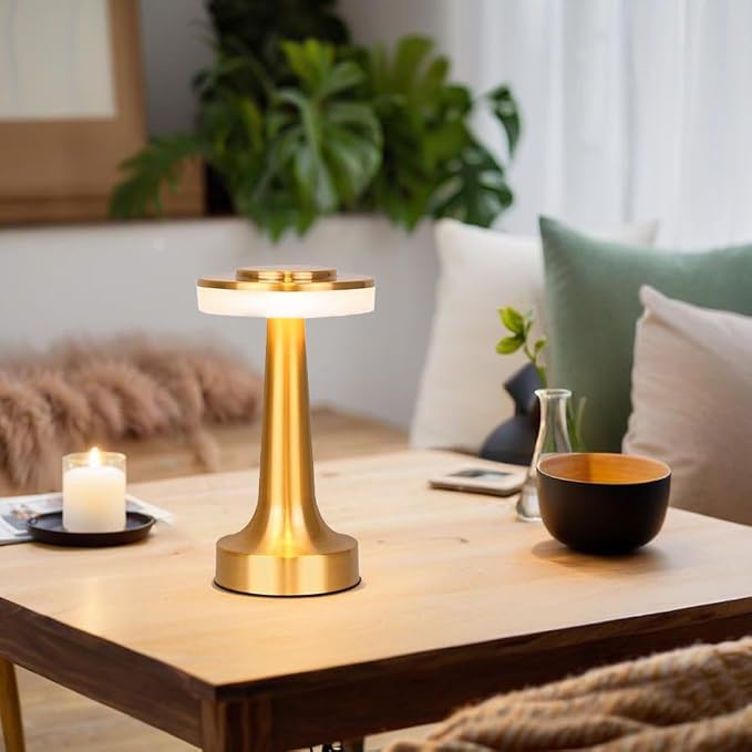 JHPGEOE Cordless Metal Desk Lamp, Touch Sensor Control LED Table Lamp,3 Color Stepless Dimmable Battery Powered Lamp for Living Room, Dorm, Home Office (Gold)