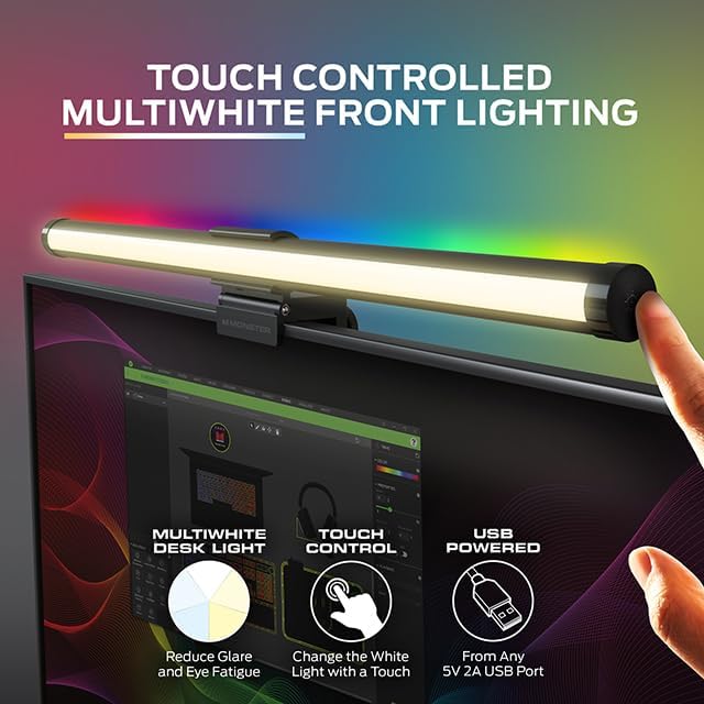 Monster Duo Monitor Light Bar: Reduce Glare, Enhance Comfort, Boost Style, Level Up Your Gaming Atmosphere — 2-in-1 RGBIC & Multiwhite LED, App Voice Touch Control, Alexa Google Razer Chroma