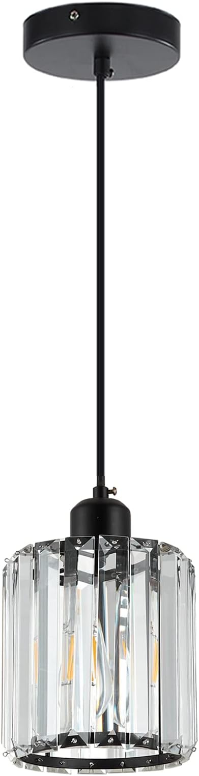 Modern Mini Crystal Pendant Light for Kitchen Island Counter Bar Dining Room Bedroom, Cylinder Crystal Pendant Lighting Fixture, Matte Black Finish