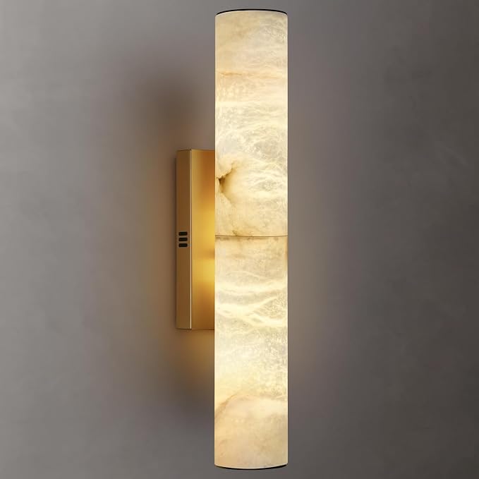 20" Brass Alabaster Wall Sconce , Tube Marble Vanity Light for Bathroom | Spanish Natural Alabaster, Gold, 3000K Warm White Light, Stone, Hardwired, Dimmable, for Living Room/Entryway/Bedroom, 1PC