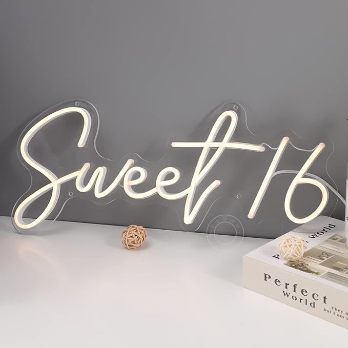 SYLHOME Sweet 16 LED Neon Light Sign 17"X7.3" 5V Sweet Girls Adults Bedroom Happy 16th Birthday Party Wall Decor Beautiful Bestie Sister Gift USB Warm White
