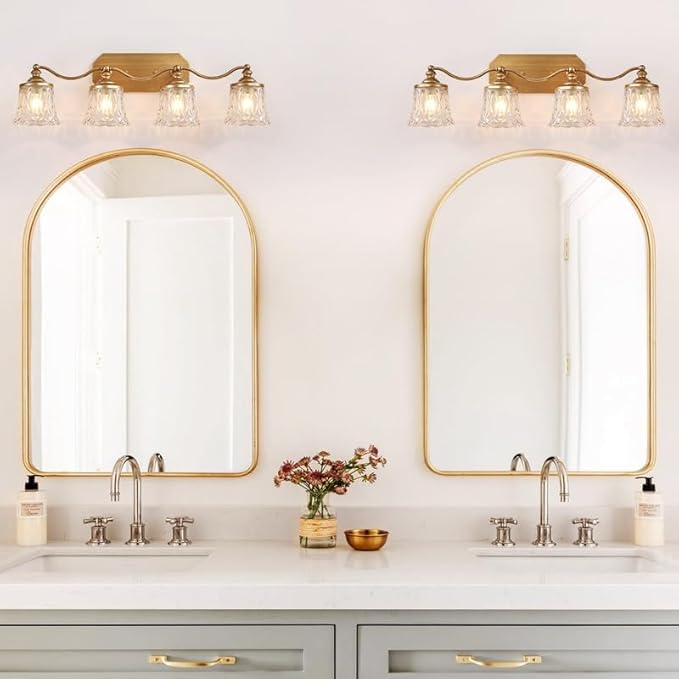 maesta Gold Bathroom Light Fixtures, 4 Light Bathroom Vanity Light, Matte Antique Gold Finish with Crystal Glass Shade, Gold Vintage Vanity Light for Bathroom, Living Room, Bedroom, Hallway