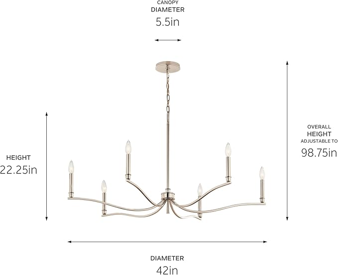 Kichler Malene 6-Light Chandelier, Updated Traditional Light in Polished Nickel, Sloped Ceiling Compatible, for Foyer, Dining Room or Living Room (22.25" x 42"), 52696PN