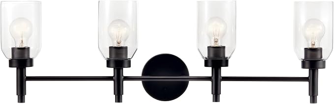 Kichler Madden 4-Light Bathroom Vanity Light, Black | Modern vanity light with clear glass for single or double bathroom mirrors (34" x 10.5"), 55186BK