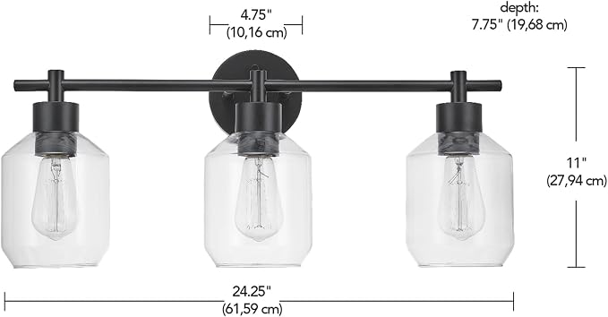 Globe Electric 65556 All-in-One 5-Piece Bathroom Set, Matte Black Finish, 3-Light Vanity with Clear Glass Shades, Towel Ring, Toilet Paper Holder, Robe Hook, and Towel Bar, Modern Bathroom Lighting