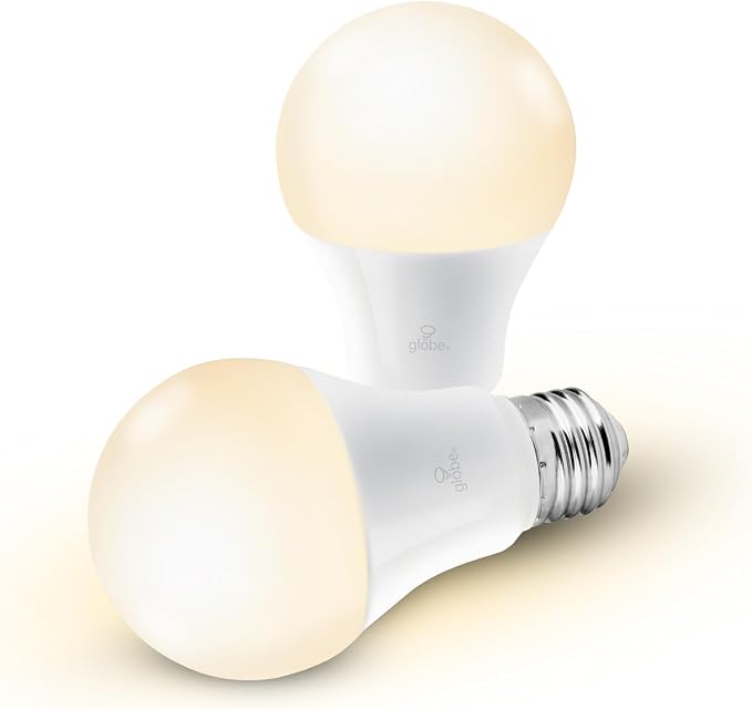 Globe Electric Collection Wi-Fi Smart 10 Watt (60W Equivalent) Dimmable Frosted LED Light Bulb 2-Pack, No Hub Required, Voice Activated, 3000K, A19 Shape, E26 Base 34209, Warm White, 2 Count