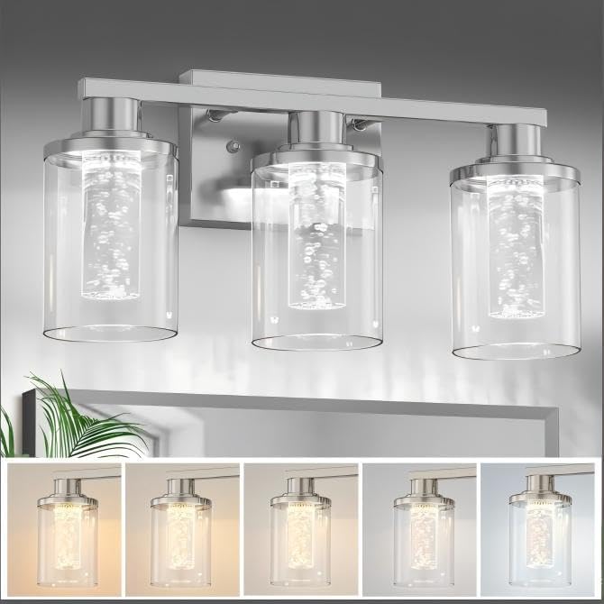 L LOHAS LED 3-Light Brushed Nickel Bathroom Light Fixtures, Crystal LED Bathroom Vanity Lights with Clear Glass Shade, 5CCT Dimmable Vanity Lights for Living Room Hallway with Remote Control
