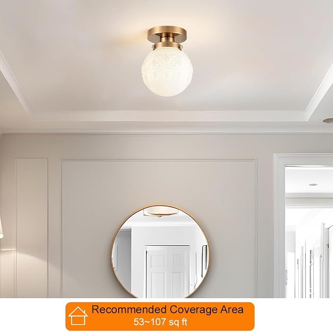 Daunton Semi Flush Mount Ceiling Light, Modern Globe Milk Glass Ceiling Light Fixture, Vintage Small Brass Gold Hallway Light Fixtures for Kitchen, Entryway, Bathroom, Clos