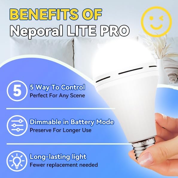Neporal A19 Rechargeable Light Bulbs, Socket Rechargeable Emergency Light Bulb for Power Failure, Battery Backup Bulbs for Home, Hurricane, Led Bulb 60 Watt Equiv. (White, 6 Count (2600mAh))
