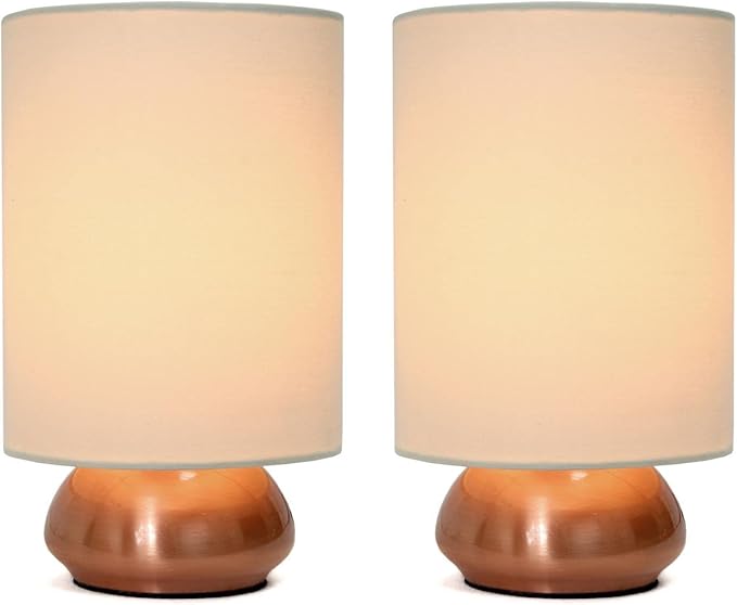 Simple Designs LT2016-CRM-2PK 9" Gemini 2 Pk Contemporary 4 Settings Touch Metal Mini Round Table Lamp Set w Fabric Shades for Décor,Nightstand,End Table,Bedroom,Living Room,Office,Foyer, RGD & WHT