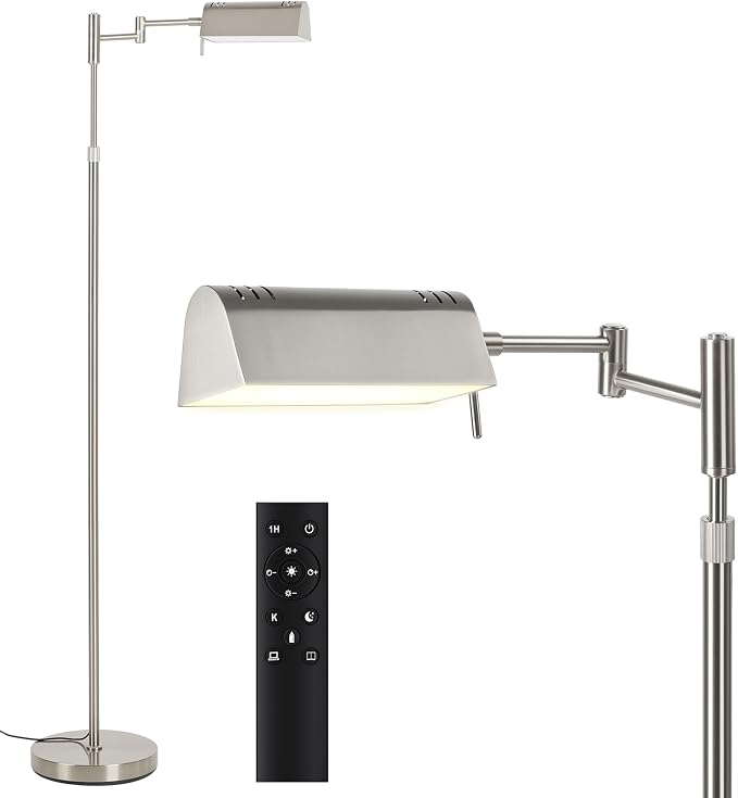 SUNMORY Dimmable LED Pharmacy Floor Lamps, 16W/1500LM Bright Reading Lamp | Remote Touch Control, 350°Swing Arm, Adjustable Height, Task Craft Tall Standing Light for Living Room Bedroom Office, Nickel