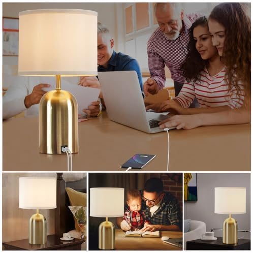 Bedside Lamp with USB Port, Touch Control Table Lamp for Bedroom, Dimmable Modern Nightstand Lamp with Fabric Shade Gold Base for Living Room, Dorm, Home Office, LED Bulb Included