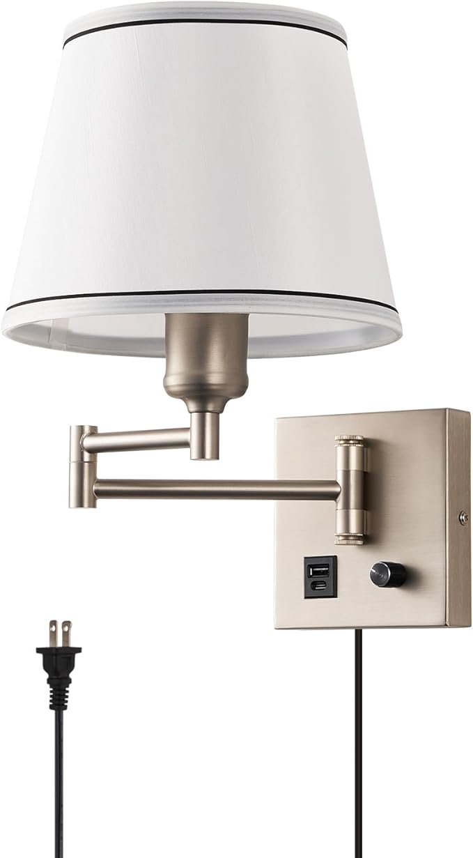 Swing Arm Wall Lamp with Type-C and USB Charging Port Wall Mounted Lamp with Dimmable Switch Plug in Wall Sconces White Fabric Shade Perfect for Bedside Living Room Reading Nook Office Satin Nickel