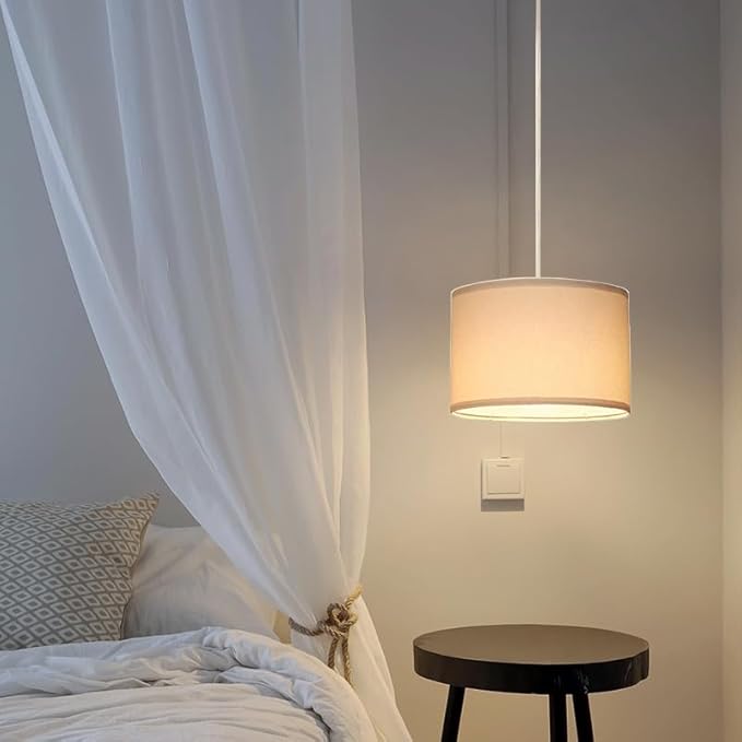 15FT Plug in Pendant Light, Hanging lamp with Switch,White Hanging Lights with Plug in Cord, Pendant Lamp with Remote Control，Pendant Light Fixture for Living Room Bedroom Farmhouse