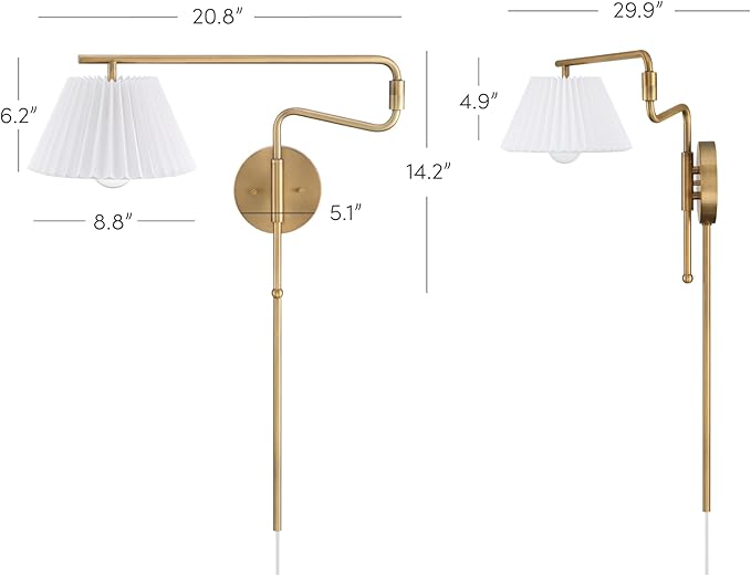 Nathan James Kai Modern Wall Mounted Plugin Bedside Reading Lamp with Pleated Shade, Vintaged Brass Finish, Set of 2