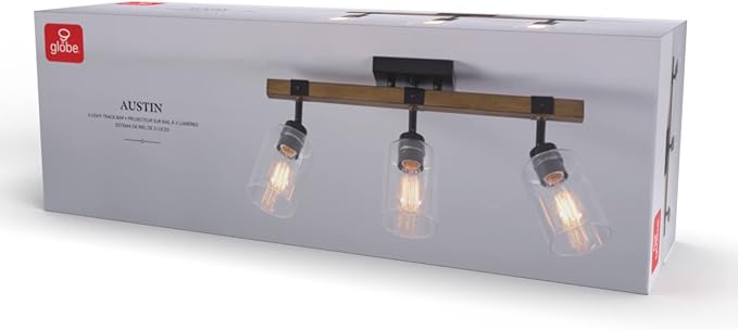 Globe Electric Austin 3-Light Faux Wood Track Lighting with Matte Black Accents and Clear Glass Shades