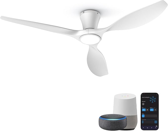 TALOYA 52 Inch Smart Ceiling Fans with Lights Led Remote Control Flush Mount Low Profile for Bedroom Farmhouse Patio Outdoor Living Room Kitchen Dining Room,DC Motor,Reversible,White