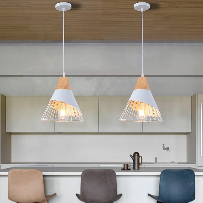White Pendant Lights Kitchen Island,White Pendant Lights Farmhouse,Adjustable Wood Hanging Light Fixture,Industrial Pendant Lighting for Dining Room,Living Room,Bedroom,Hallway,Kitchen,Bar