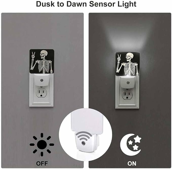 Skeleton Night Light Plug-into Wall Human Skeleton Posing on Black Background Nightlight Lamp with Dusk to Dawn Sensor, Led Lamp 0.5W Energy Efficient for Home Decor