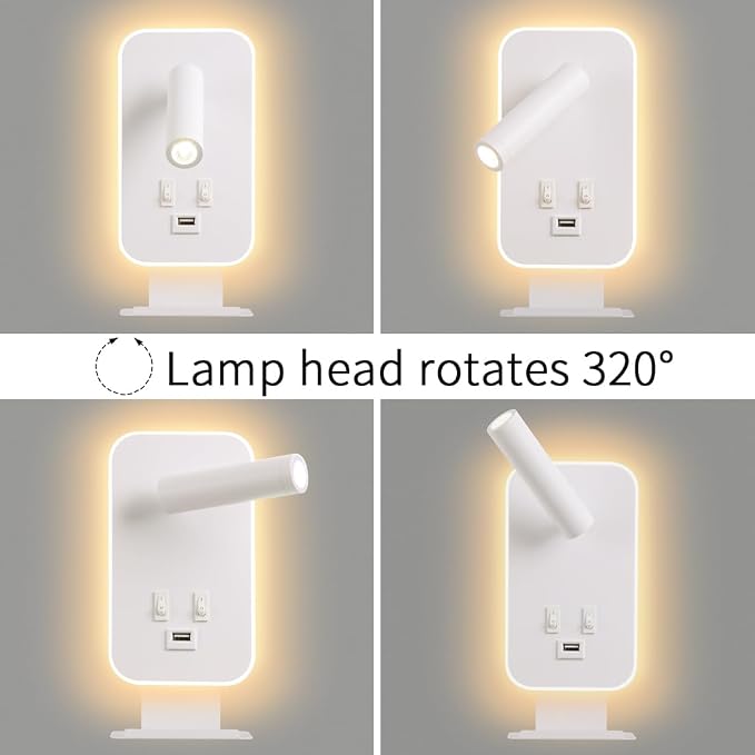 Wall Mounted Reading Light, Bedside Wall Sconces USB Charging, 3100K Warm Ambient Lighting Wall Mounted Sconce for Bedroom, wall lamps for bedroom hardwired, Eye-Caring Bedroom Lighting, White