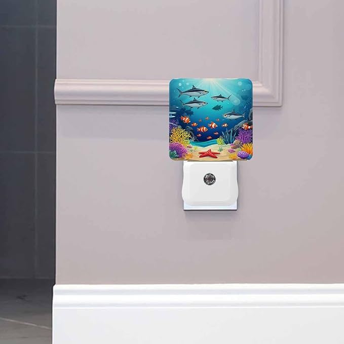 Marine Life LED Night Lights Plug into Wall Fish Algae and Corals in The Blue Water 0.5W Plug in Night Light, Dusk to Dawn, Bright Nightlight Auto On/Off, for Room Bedroom Bathroom