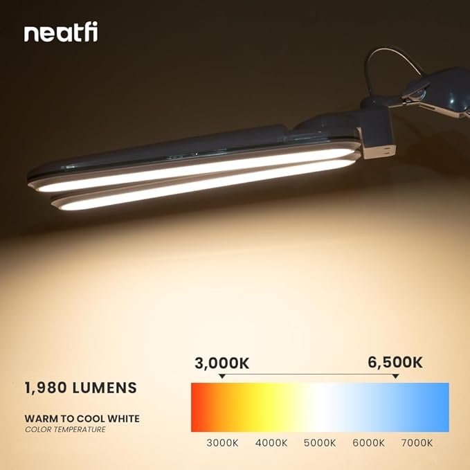 Neatfi Elite HD XL LED Desk Lamp | 3 Light Modes | Non-Polar Dimming | Eye-Caring Desk Light for Home Office, Drafting, Beauty Shop, Workbench (CCT with Clamp, Blue Ring, 17 Inches)