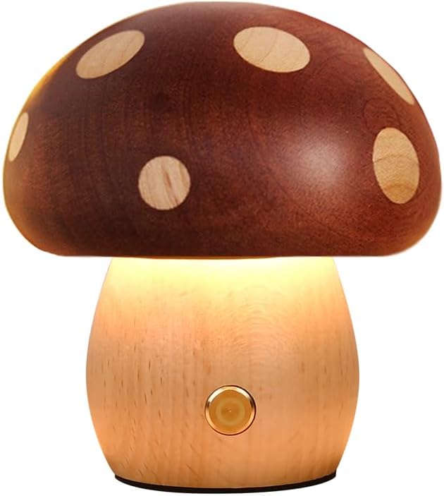 YIEONSHION LED Wood Mushroom Table Lamp, Rechargeable Cordless Touch Bedside Lamps, Wireless Stepless Dimming Night Light, Portable Battery Lamp for Bedroom Nightstand for Birthday Gifts (XMG-Small)
