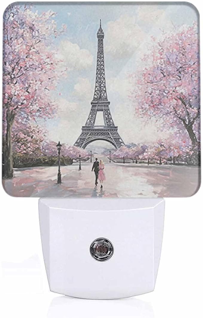 Eiffel Tower Night Lights Plug into Wall Pink Trees and Couples in Paris Night Light with Dusk to Dawn Sensor for Home Bedroom Bathroom Living Room 0.5W Sleep-Friendly
