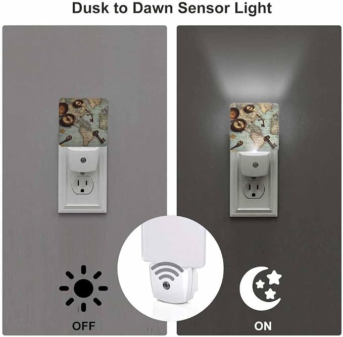 Pirate World Map Night Light Vintage Key Antique Compass Plug into Wall with Dusk to Dawn Light Sensors 0.5W Warm Nightlights for Bedroom Bathroom Hallway